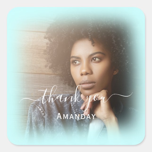 Sticker Carré Merci Nom Photo Aqua Bleu Mariage Douce16 (Devant)