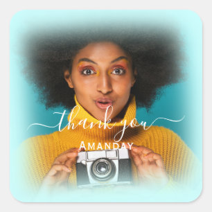 Sticker Carré Merci Nom Photo Cadre BLEU Mariée Sweet16