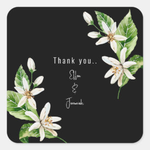 Sticker Carré Merci personnalisé de Mariage noir floral blanc