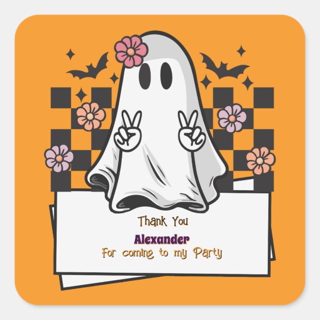 Sticker Carré Merci personnalisé mignon Fantôme d'Halloween (Devant)