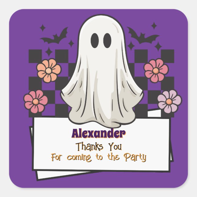 Sticker Carré Merci personnalisé mignon Fantôme d'Halloween (Devant)