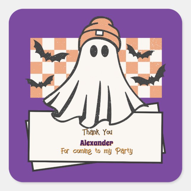 Sticker Carré Merci personnalisé mignon Fantôme d'Halloween (Devant)