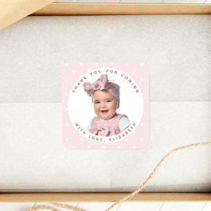 Sticker Carré Merci Photo Soft Rose Girl Anniversaire Pour Venir