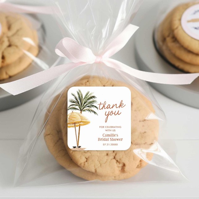 Sticker Carré Merci pour la Baby Shower Tropicale d'Été (Beach Summer Bridal Shower Thank you favor stickers)