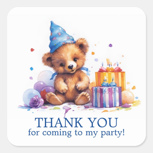 Sticker Carré Merci Pour Venir Bear Anniversaire (Devant)