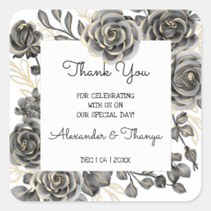 Sticker Carré Merci pour venir Noir Rose mariage Faveur