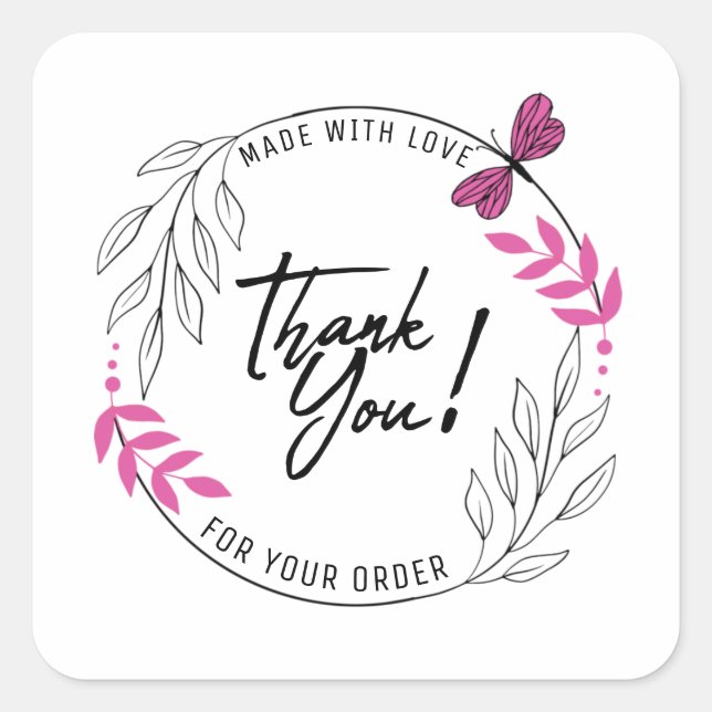 Sticker Carré Merci pour votre commande avec papillon rose (Devant)