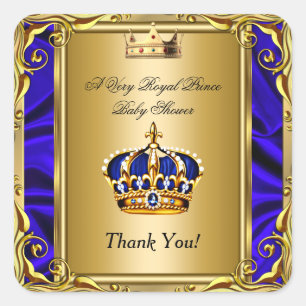 Sticker Carré Merci Prince Royal Bleu Baby Shower Régale Or