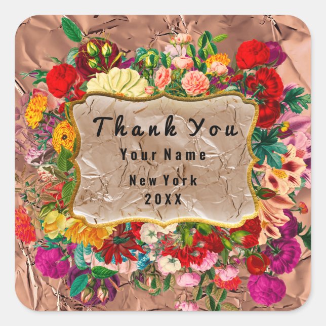 Sticker Carré Merci Rose Floral Grunge Cuivre Mariage (Devant)