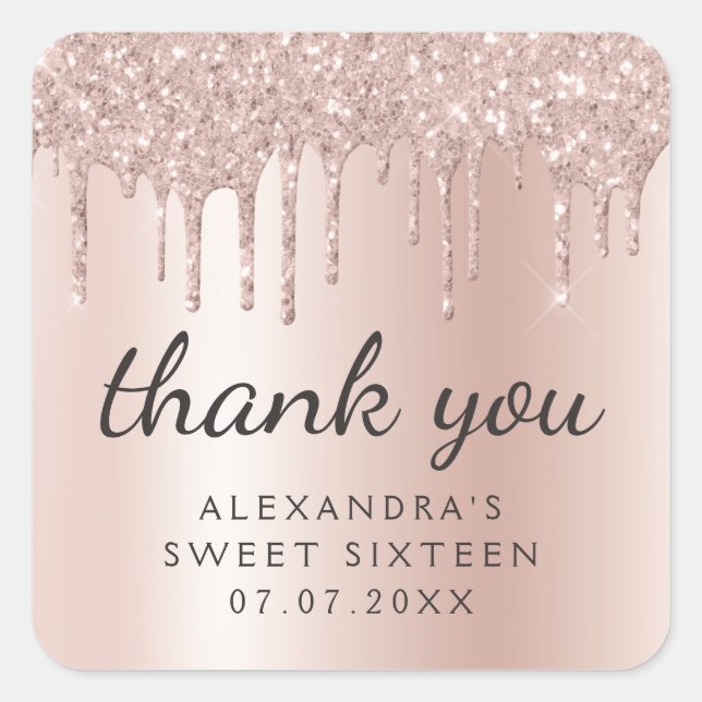 Sticker Carré Merci Rose Parties scintillant or Girly Sweet 16 (Devant)