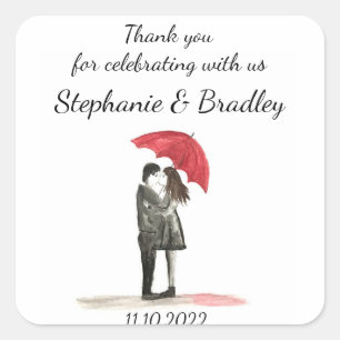 Sticker Carré Merci Rouge parapluie Mariage Newlyweds Élégant