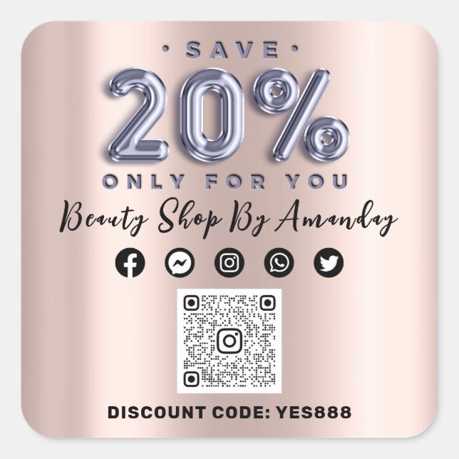 Sticker Carré Merci Shopping 20%Off QR CODE Rose Lilac (Devant)