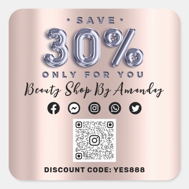 Sticker Carré Merci Shopping 30%Off QR CODE Rose Lilac (Devant)