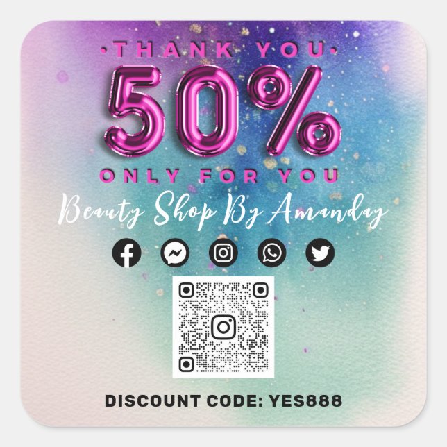 Sticker Carré Merci Shopping 50%Off QR CODE Logo rose (Devant)