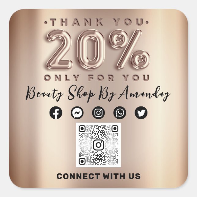 Sticker Carré Merci Shopping Rose 20%Off QR CODE En Ligne Social (Devant)