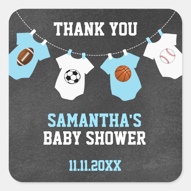 Sticker Carré Merci Sports Thème Baby shower Chalkboard Garçon (Devant)