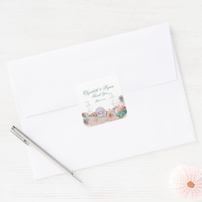 Sticker Carré Merci Tropical Island Beach Mariages Coquillages (Enveloppe)
