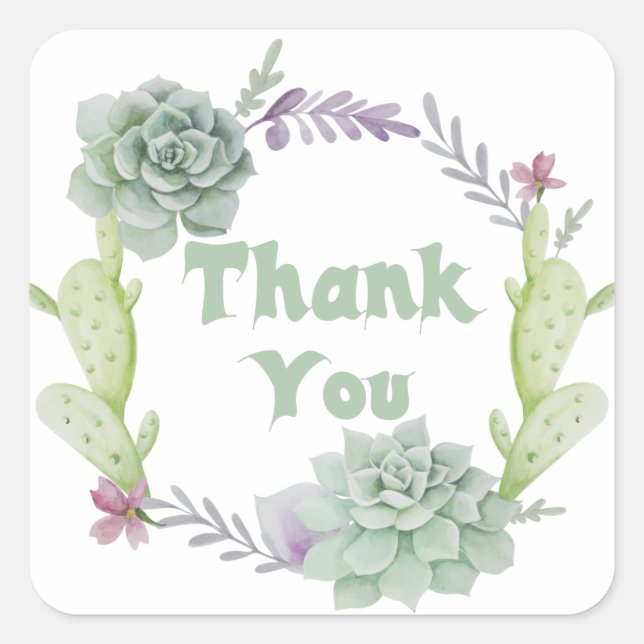 Sticker Carré Merci Vert Succulent Et Cactus Floral Wreath (Devant)