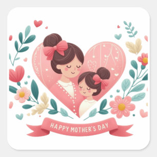 Sticker Carré Mère & Fille Fleur en forme de cœur - Bonne fête d