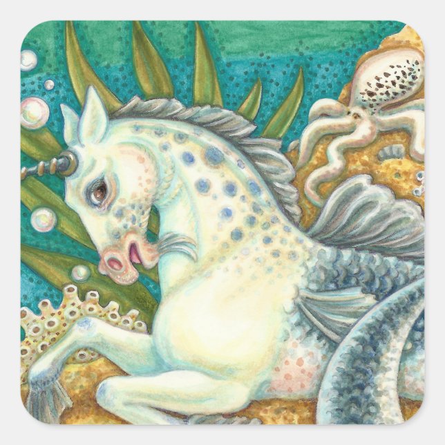 STICKER CARRÉ MERHORSE & OCTOPUS BLANC, CHEVAL UNICORN IMAGINAIR (Devant)