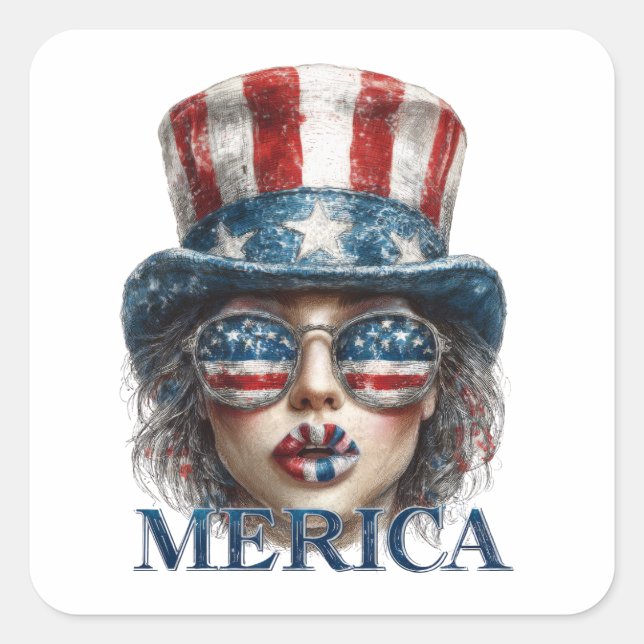 Sticker Carré Merica Girl, 4 juillet Glam Girl with Stars (Devant)