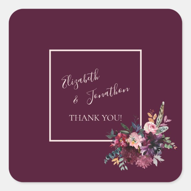 Sticker Carré Merlot Bourgogne Mariage Floral Merci (Devant)