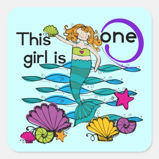 Sticker Carré Mermaid 1er Anniversaire Tshirts et cadeaux (Devant)