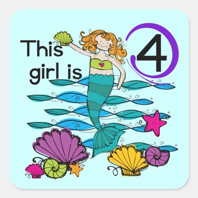 Sticker Carré Mermaid 4th Birthday Tshirts and Gifts (Devant)
