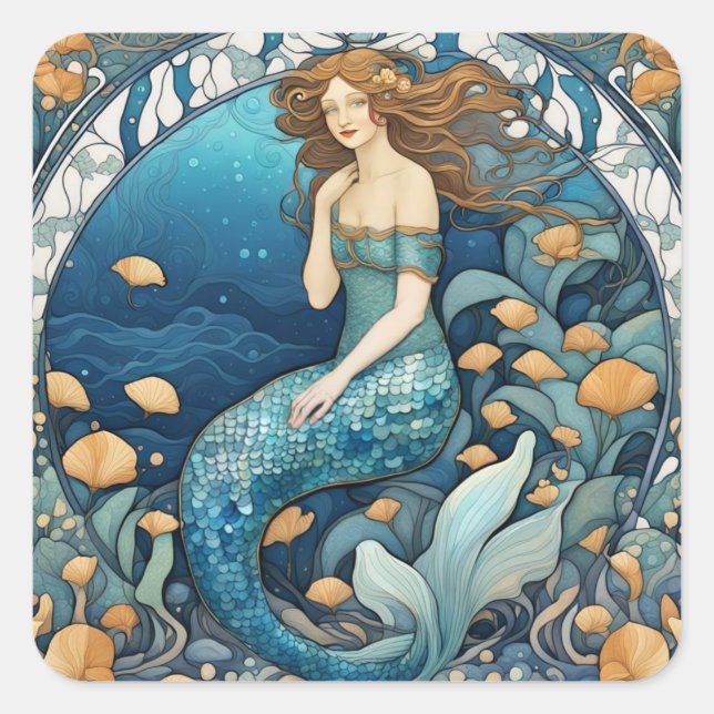 Sticker Carré Mermaid Art Nouveau Aqua Bleu Turquoise Art Déco (Devant)