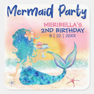 Sticker Carré Mermaid Cupcakes Tropical Beach Girl'anniversaire