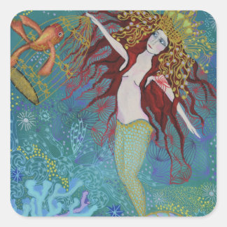 Sticker Carré Mermaid et son animal de compagnie Faux Wrapped Ca