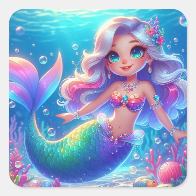 Sticker Carré Mermaid, princesse sous-marine magique (Devant)