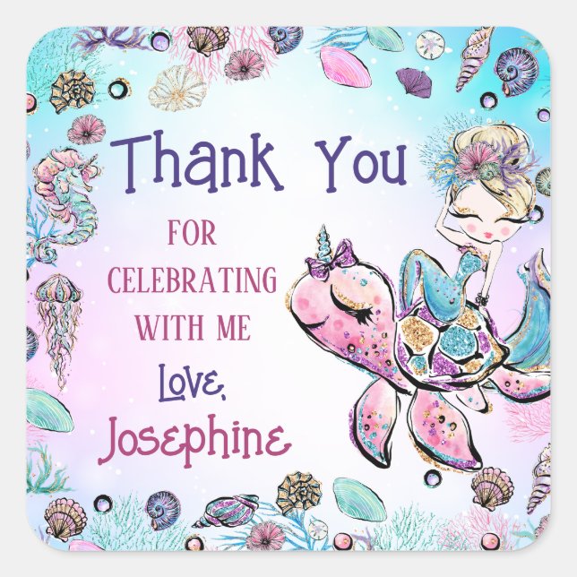 Sticker Carré Mermaid Under the Sea Girl Anniversaire Merci Cade (Devant)