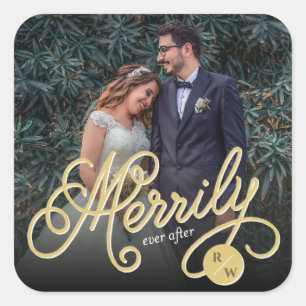 Sticker Carré Merrily Jamais après or Curly Script Mariage photo