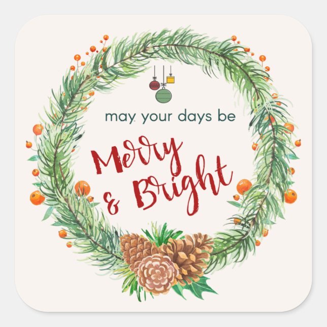 Sticker Carré Merry & Bright Christmas Wreath (Devant)