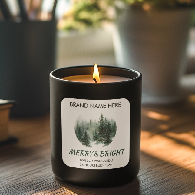 Sticker Carré Merry & Bright Modern Pine Trees Candle Label  (Créateur téléchargé)