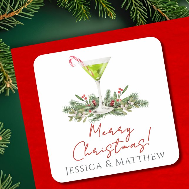 Sticker Carré Merry Christmas Candy Cane Martini and Mistletoe (Créateur téléchargé)