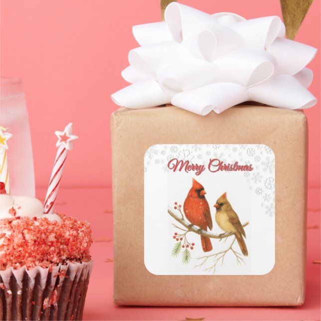 Sticker Carré Merry Christmas Cardinals & Snowflake Holiday  (Fête)