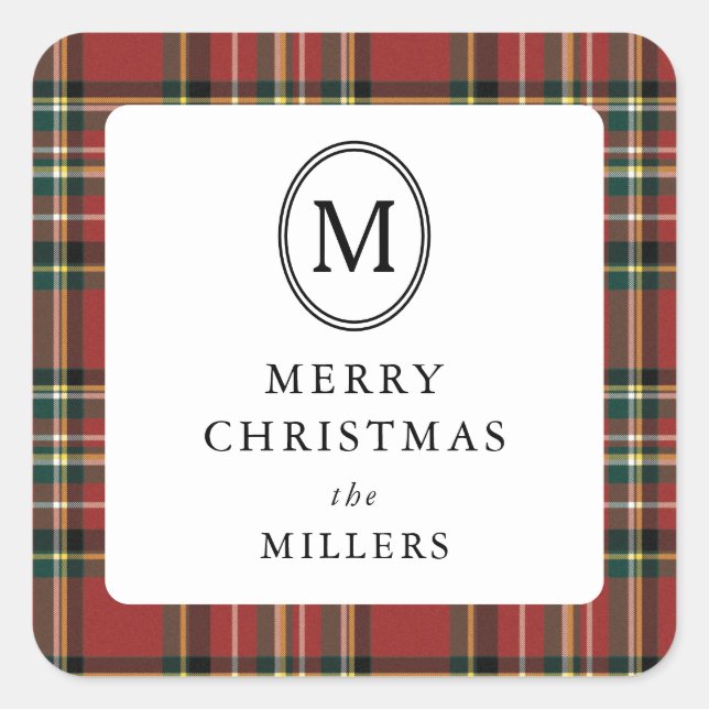 Sticker Carré Merry Christmas Classic Red Plaid Monogram (Devant)