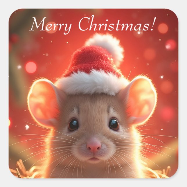Sticker Carré Merry Christmas - Cute Mouse in Santa Hat (Devant)