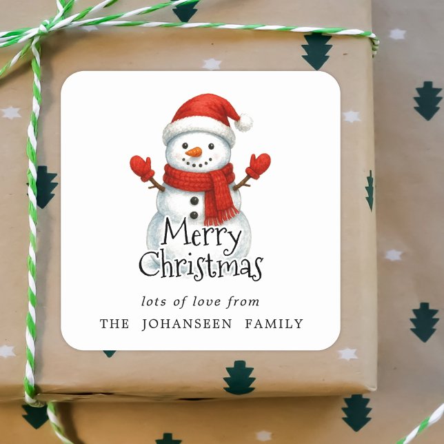 Sticker Carré Merry Christmas Cute Snowman Black Typography (Créateur téléchargé)