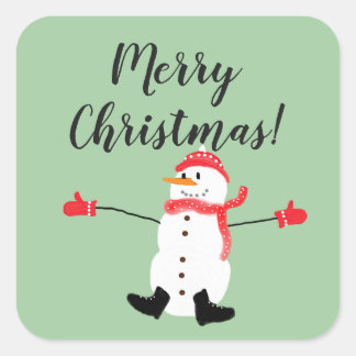 Sticker Carré Merry Christmas Cute Snowman on Sage Green