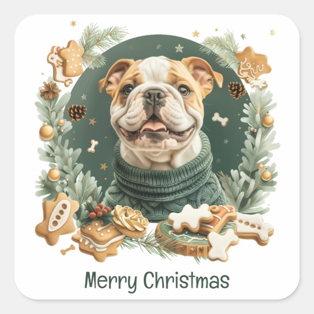 Sticker Carré Merry Christmas English Bulldog (Devant)