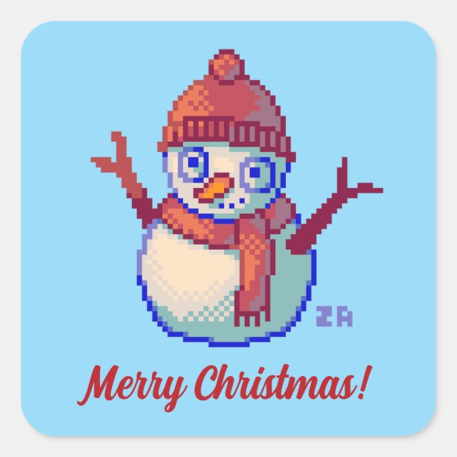 Sticker Carré Merry Christmas, Pixel Art, pixels, Snowman (Devant)