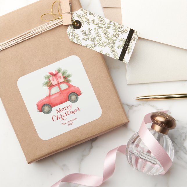 Sticker Carré Merry Christmas Red Car – Personalized Holiday  (Cadeaux)