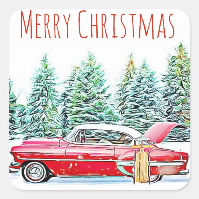 Sticker Carré Merry Christmas Retro Car et Sled Wintery (Devant)