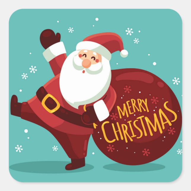 Sticker Carré Merry Christmas: Santa Claus Holding Sack of Gifts (Devant)