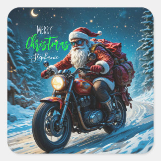 Sticker Carré Merry Christmas Santa Clause On Motorcycle