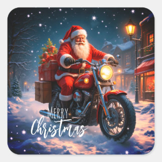 Sticker Carré Merry Christmas Santa Clause On Motorcycle & Gifts