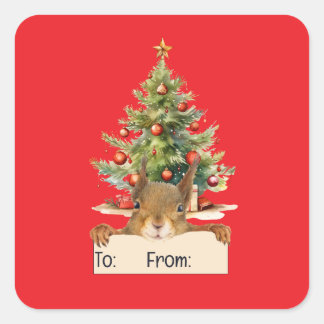 Sticker Carré Merry Christmas Squirrel Christmas Tree To From